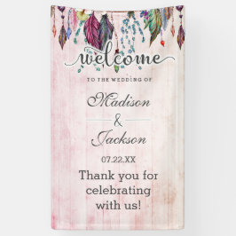 Boho Dreamcatcher & Feathers Pink Wedding Willkomm Banner