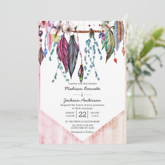 Boho Dreamcatcher & Feathers Wedding Einladung (Stehend Vorderseite)