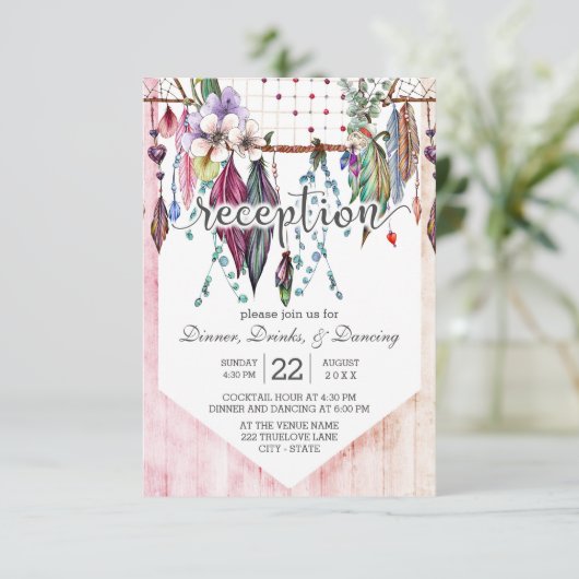 Boho Dreamcatcher & Feathers Wedding Empfang Begleitkarte (Stehend Vorderseite)