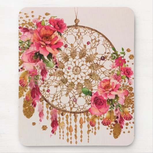 Boho Dreamcatcher Pink Gold Floral Mousepad (Vorne)
