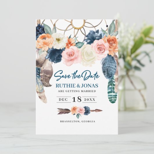 Boho Dreamcatcher Save the Date Einladung Hochzeit (Stehend Vorderseite)