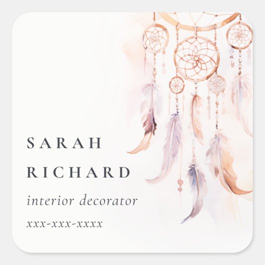 Boho Dreamcatcher Watercolor Lilac Blush Peach Quadratischer Aufkleber (Vorderseite)