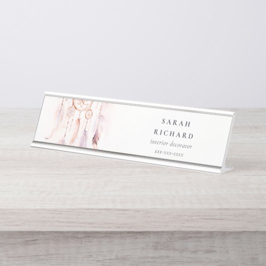 Boho Dreamcatcher Watercolor Lilac Blush Peach Schreibtischnamensplakette (Vorderseite )