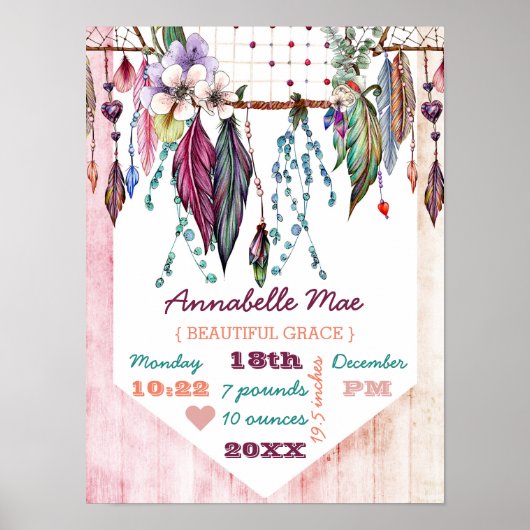 Boho Dreamcatcher & Wood Baby Girl Birth Stats Poster (Vorne)