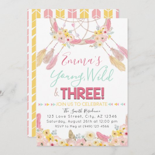Boho Dreamcatcher Young Wild & Three 3. Geburtstag Einladung (Vorne/Hinten)