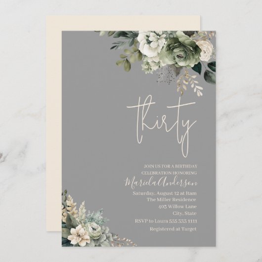 Boho dreißig schöne grüne Blume Aquarell Geburtsta Einladung (Vorne/Hinten)