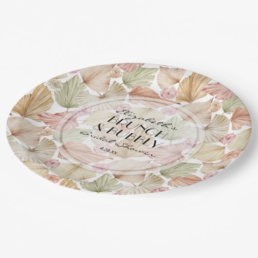 Boho Dried Blätter and Blume Brautparty Pappteller (Schrägansicht)