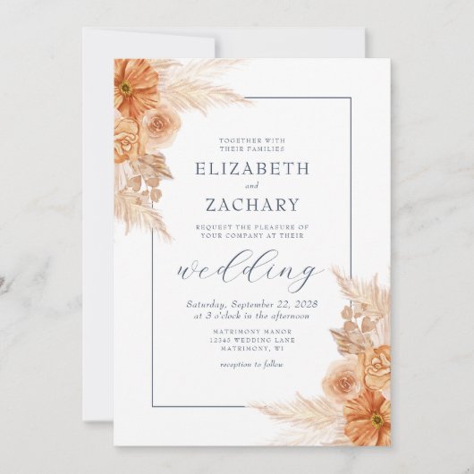 Boho Dried Floral Navy Blue Wedding Einladung (Vorderseite)