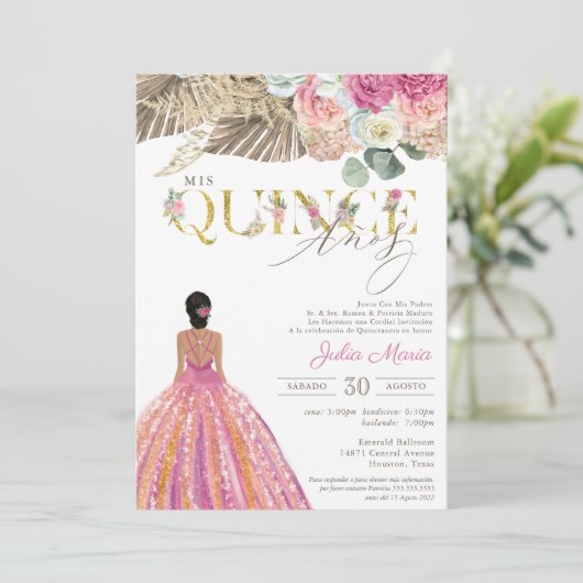 Boho Dried Floral Spanish Mis Quince Anos Birthday Einladung (Stehend Vorderseite)