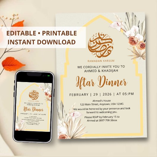 Boho Dried Flowers Ramadan Iftar Dinner Invitation Einladung
