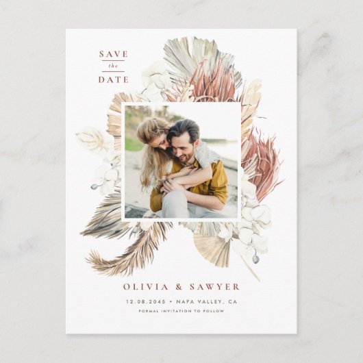 Boho Dried Palm and Orchids Foto Save the Date Ankündigungspostkarte (Vorderseite)