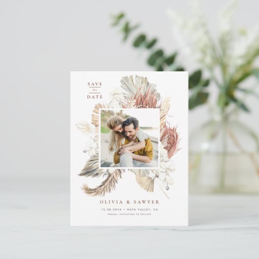 Boho Dried Palm and Orchids Foto Save the Date Ankündigungspostkarte (Stehend Vorderseite)