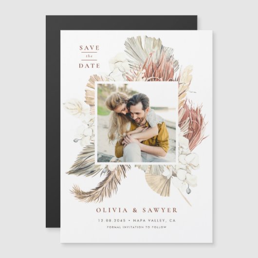 Boho Dried Palm and Orchids Foto Save the Date Magneteinladung (Vorne/Hinten)