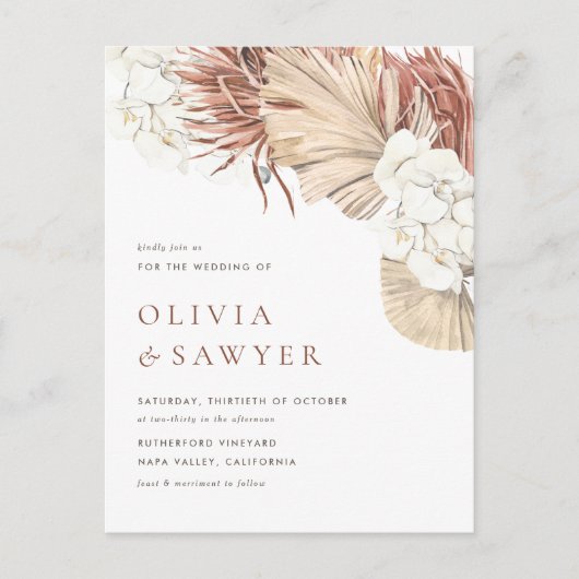 Boho Dried Palm Blätter and Orchids QR Code Weddin Einladungspostkarte (Vorderseite)