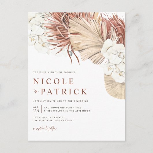 Boho Dried Palm Blätter und Orchideen Hochzeit Einladungspostkarte (Vorderseite)