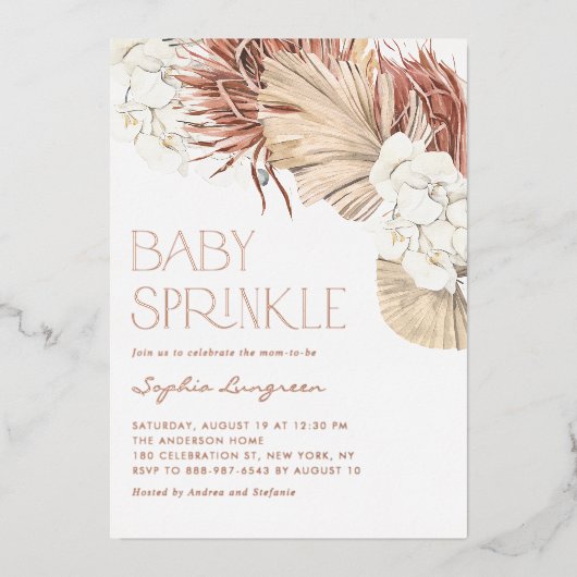 Boho Dried Palm Blätter und Orchids Baby Sprinkle Folieneinladung (Vorderseite)