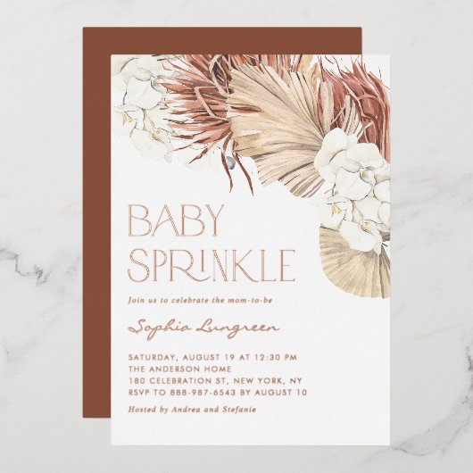 Boho Dried Palm Blätter und Orchids Baby Sprinkle Folieneinladung (Vorderseite/Rückseite)