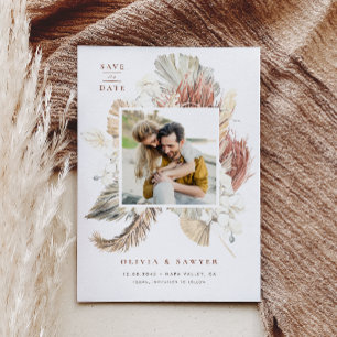 Boho Dried Palm Blätter und White Orchids Foto Save The Date
