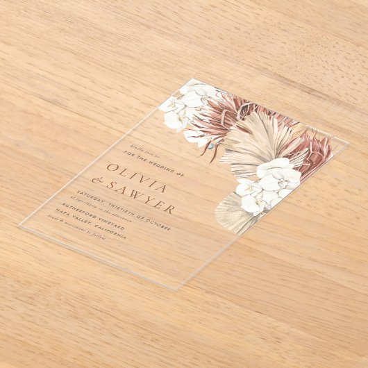 Boho Dried Palm Blätter und White Orchids Hochzeit Acryleinladungen (Ablage )