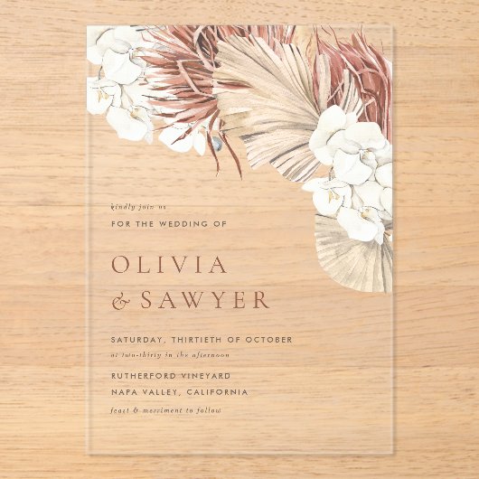 Boho Dried Palm Blätter und White Orchids Hochzeit Acryleinladungen (Vorderseite)