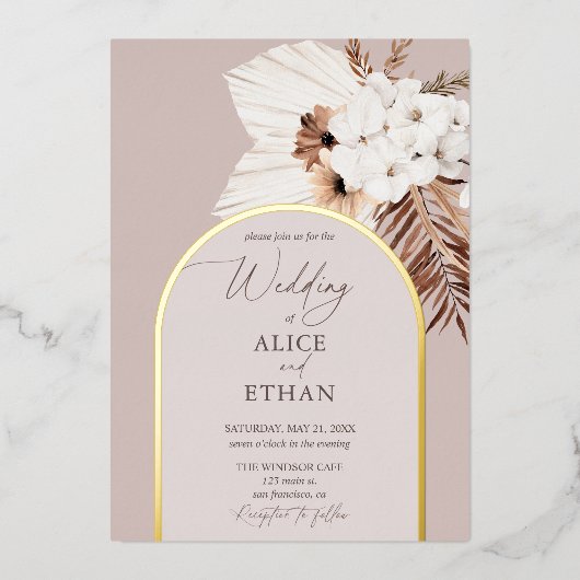 Boho Dried Palm Blätter Wedding Foil Einladung (Vorderseite)