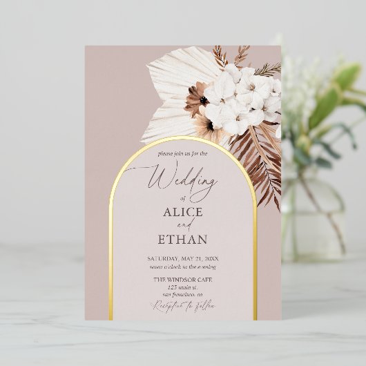 Boho Dried Palm Blätter Wedding Foil Einladung (Stehend vorne)