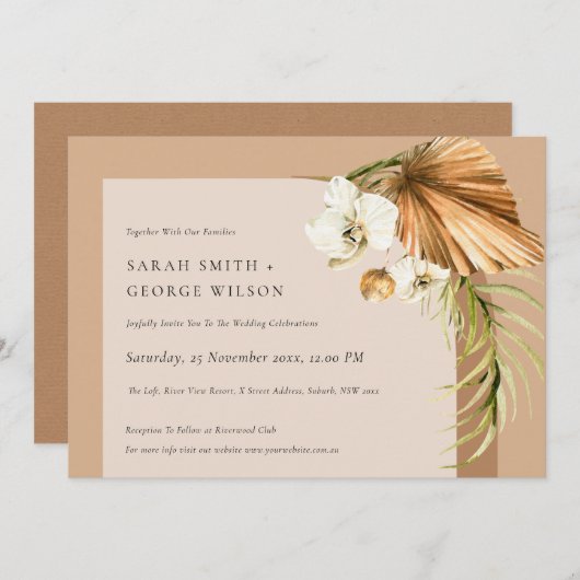 Boho Dried Palm Rust Floral Arch Wedite Einladung (Vorne/Hinten)