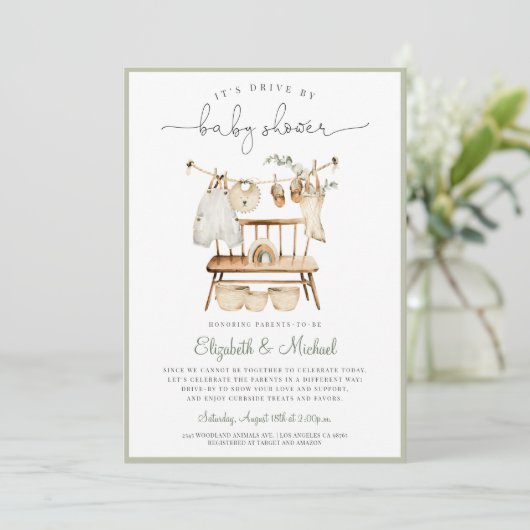 Boho Drive by Eucalyptus Green Neutral Baby Shower Einladung (Stehend Vorderseite)