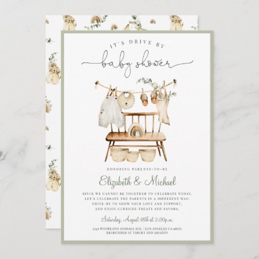 Boho Drive by Eucalyptus Green Neutral Baby Shower Einladung (Vorne/Hinten)