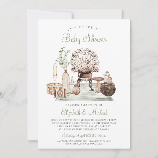 Boho Drive by Green Eucalyptus Baby Showdusche Ein Einladung (Vorderseite)
