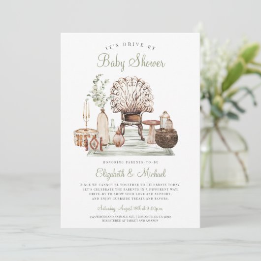 Boho Drive by Green Eucalyptus Baby Showdusche Ein Einladung (Stehend Vorderseite)