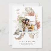 Boho Driving Palm and White Orchid QR Code Foto Save The Date (Vorderseite)