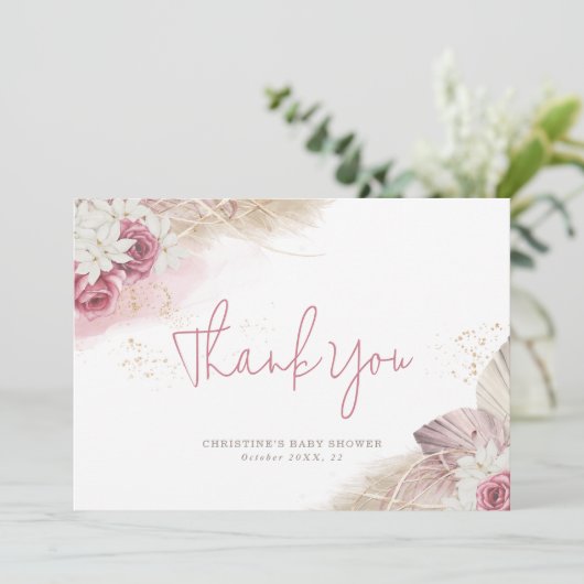 Boho Dry Botanische Rose Flat Danke Karte (Stehend Vorderseite)