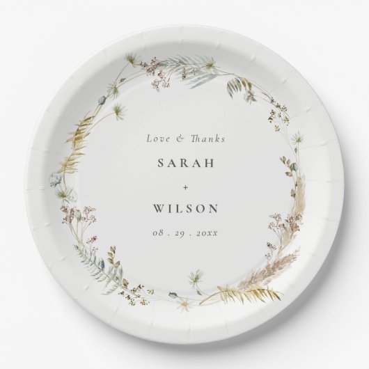 Boho Dry Palm Pampas Grass Floral Wreath Wedding Pappteller (Vorderseite)