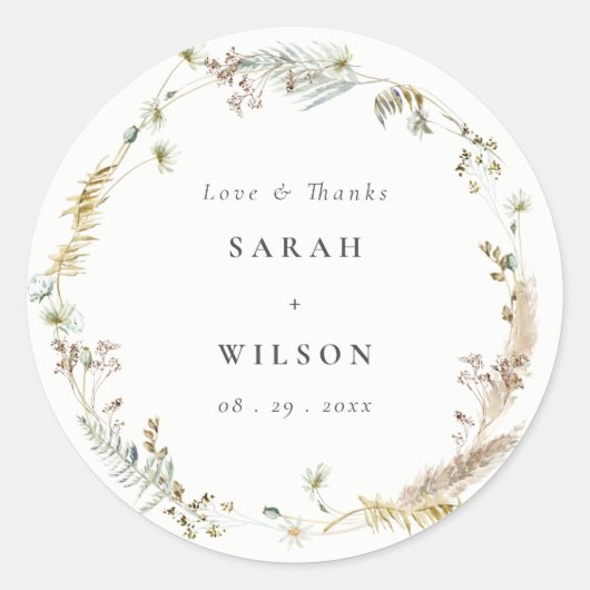 Boho Dry Palm Pampas Grass Floral Wreath Wedding Runder Aufkleber (Vorderseite)