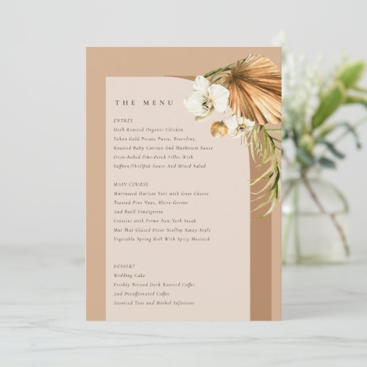Boho Dry Palm Rust Arch Wedding Menu Card Dankeskarte (Stehend Vorderseite)