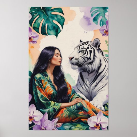 Boho-Dschungel-Traumlandschaft Weißer Tiger & Frau Poster (Vorne)
