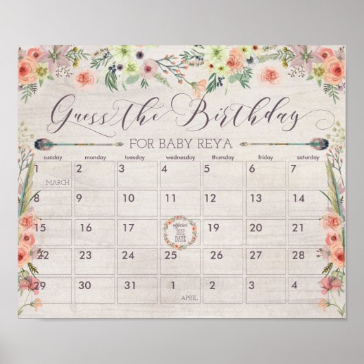 Boho Due Date Calendar Kinderduschenspiel Poster (Vorne)
