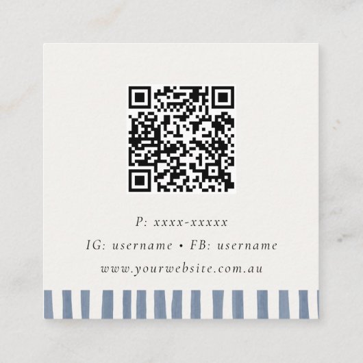 Boho Dusky Blue Hand Drawn Strips QR Code Quadratische Visitenkarte (Rückseite)