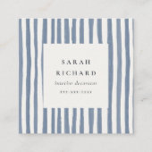 Boho Dusky Blue Hand Drawn Strips QR Code Quadratische Visitenkarte (Vorderseite)