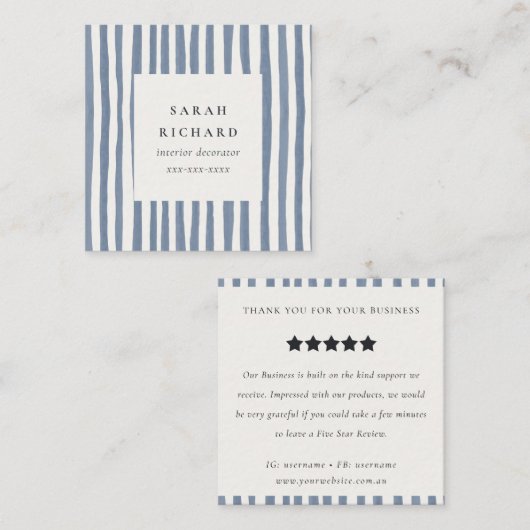 Boho Dusky Blue Watercolor Strips Bewertungsanfrag Quadratische Visitenkarte (Vorne/Hinten)