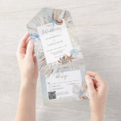 Boho Dusty Blue Beach Rustikaler QR-Code All In One Einladung (Abreißen)