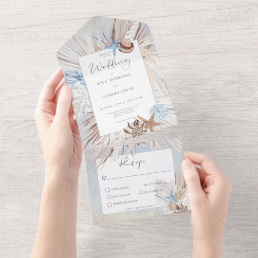 Boho Dusty Blue Beach Rustikales Abendessen All In One Einladung (Abreißen)