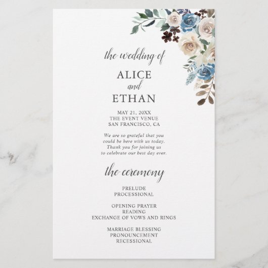 Boho Dusty Blue Beige Blume Hochzeitsprogramm (Vorderseite)