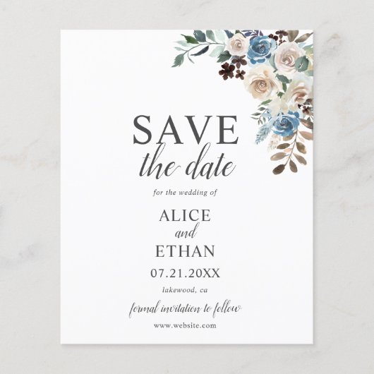 Boho Dusty Blue Beige Blume Save the Date (Vorderseite)