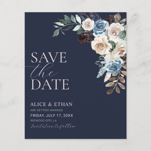 Boho Dusty Blue Beige Blume Save the Date (Vorderseite)