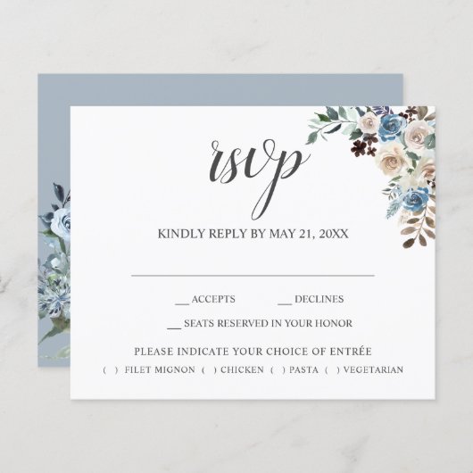Boho Dusty Blue Beige Blume Script Wedding RSVP (Vorne/Hinten)