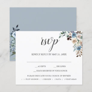 Boho Dusty Blue Beige Blume Script Wedding RSVP