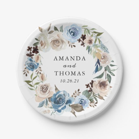 Boho Dusty Blue Beige Blumenblumenzeremonie Pappteller (Vorderseite)