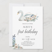 Boho Dusty Blue Blume Swan 1. Geburtstag Einladung (Vorderseite)